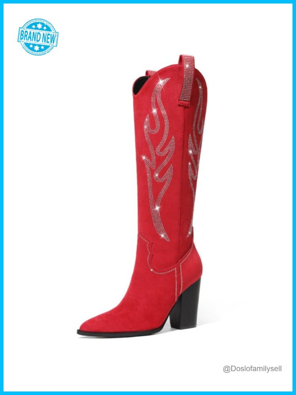 Women's Embroidered Rhinestone Cowboy Knee High Boots Pointed Toe Block Heel